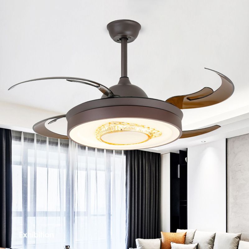 Acryl koffie hangende ventilatorverlichting cirkelvormige led 42 "W modernistische semi -spoelmontage lamp voor slaapkamer, 4 bruine messen