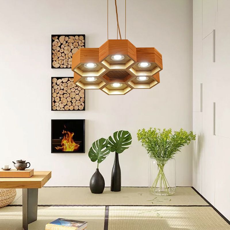 Honeycomb Wood Chandelier Light Contemporary 6 Heads Beige Hanging Pendant Light