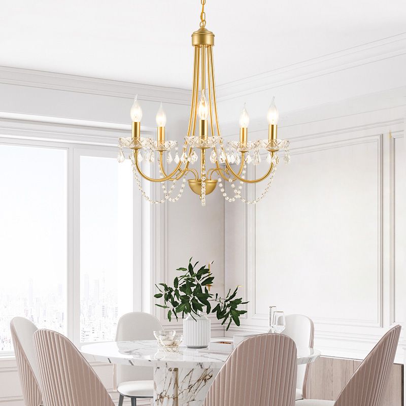 Candle Suspended Lighting Fixture American Style Multi-Head Hanging Pendant Lights with Crystal Bead