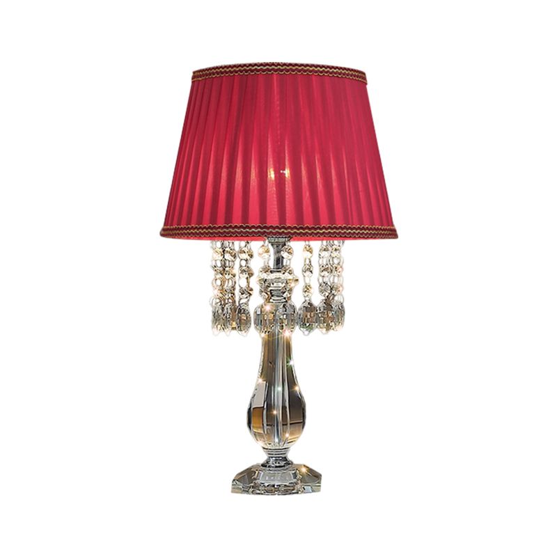 Beige/bordeaux/hemelblauw 1 lamp nachtkastje lamp traditionele heldere kristallen kralen bel/geplooide schaduw tafellicht voor slaapkamer