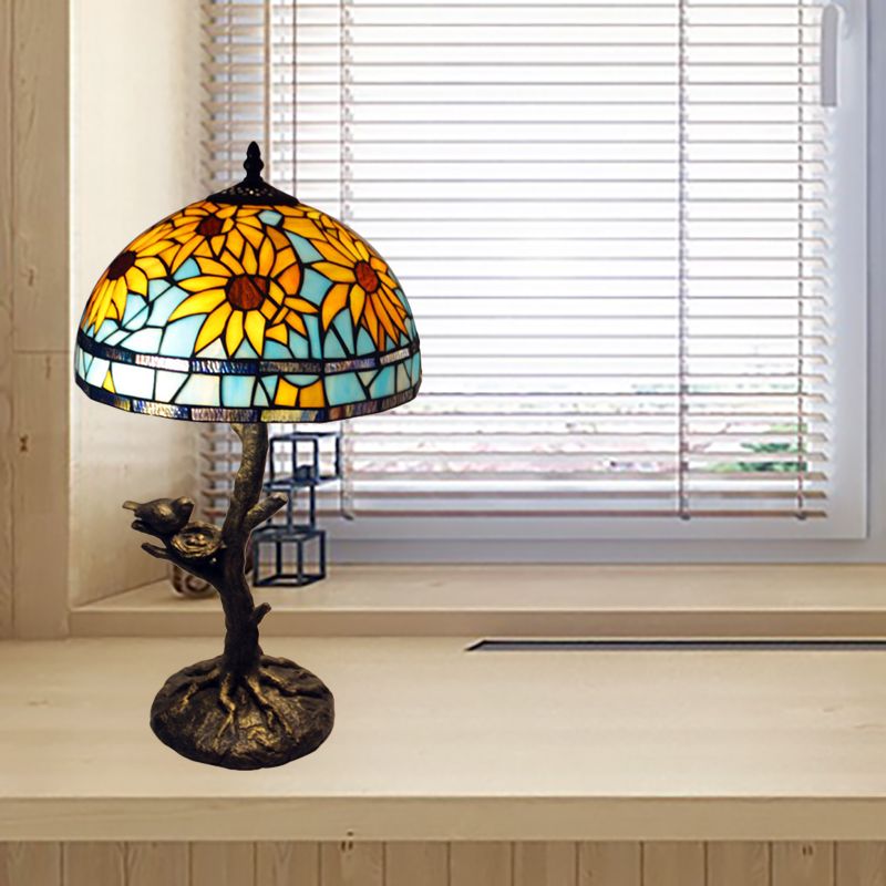 Sonnenblume Buntglas Tischlampe Mittelmeer 1 leichter antiker Messing Nachttisch