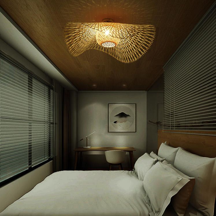 Japanese Style Bamboo Flush Mount 1-Light Ceiling Light Fixture for Dining Room