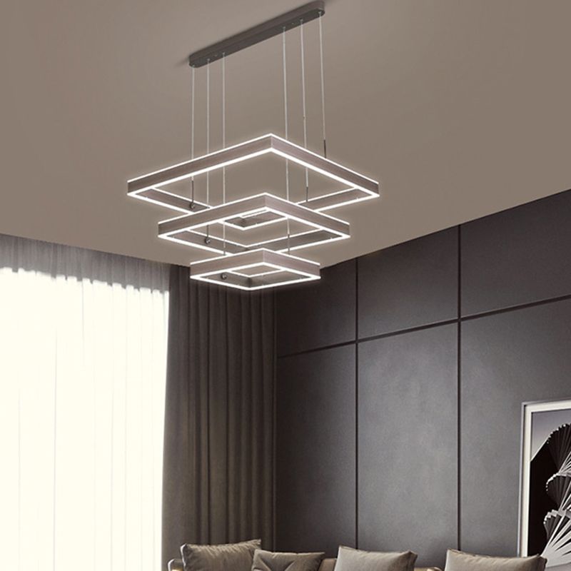 Tiered Square Chandelier Light Simplicity Metallic Living Room LED Pendant Light in Coffee