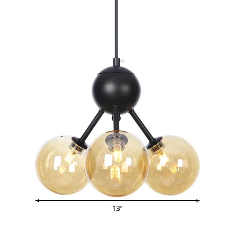 Amber Globe Globe Plafond lustre moderniste 3 têtes LED Pendent suspendu en noir