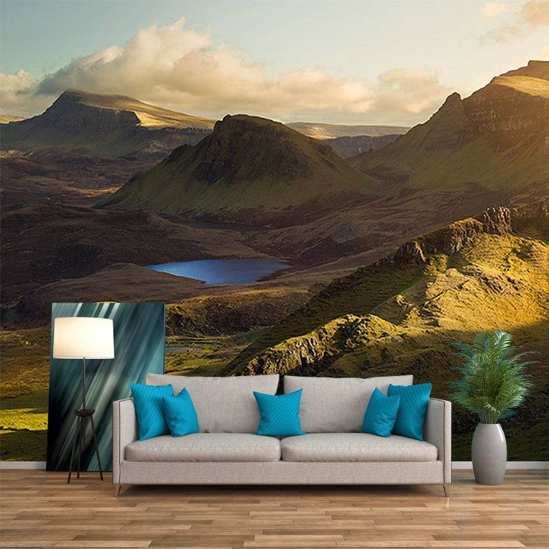 Full Size Backlit Mountain Mural Modern Enchanting Scenery During Sunset Wall Art in Brown