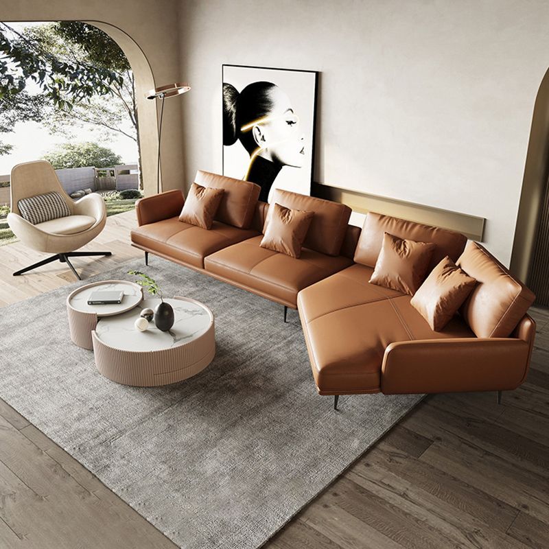 Tan Recessed Arm Sectionals Pillowed Back Cushions Corner Sofa