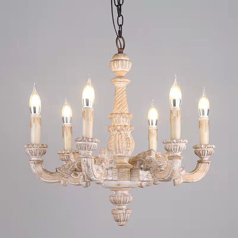 6-Light Faux Candle Chandelier Light Fixture Traditional Distressed White Wooden Suspension Lamp