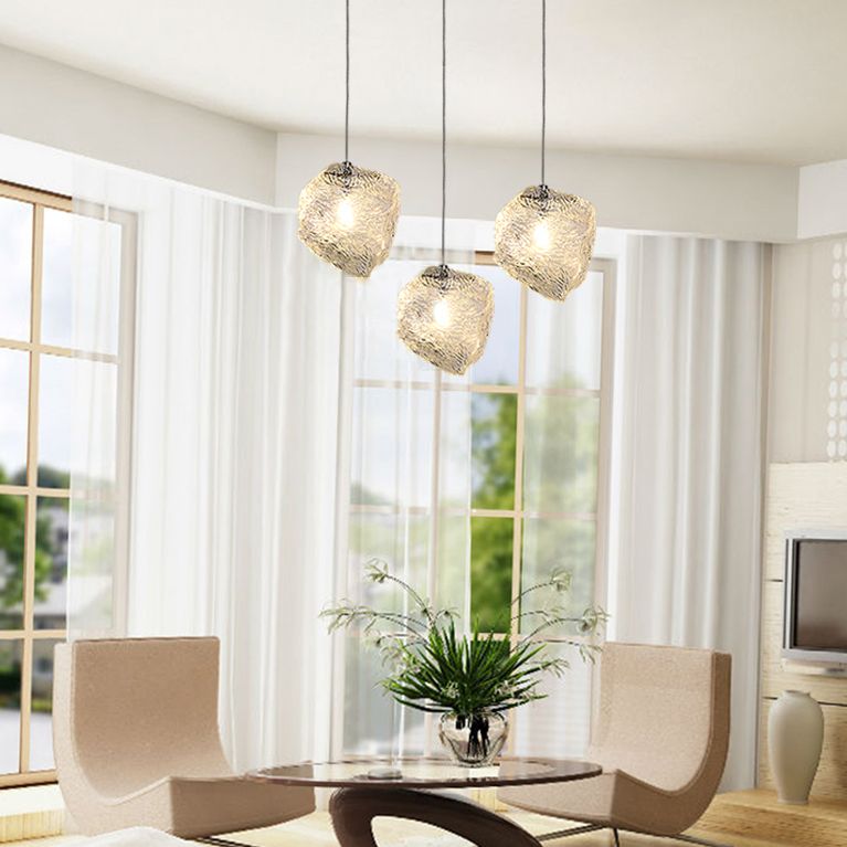 Icy Glass Stone Shaped Suspension Lamp Simplicity 1-Light Chrome Pendant for Dining Room