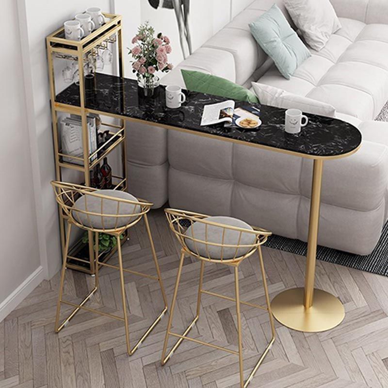 Contemporary Bar Table Stone Top Indoor Bistro Table with Storage Rack