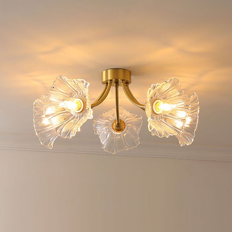 Flower Shape Glass Flush Mount Light Modern Multi Lights Ceiling Mount Light in Brass