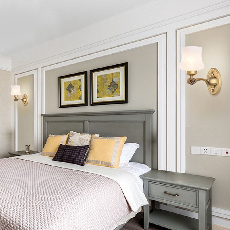 1/2-Head Wall Mount Lighting Vintage Style Bell Shade White Glass Sconce Lamp in Brass for Living Room