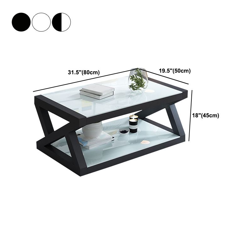 17.7" Tall Modern Trestle Base Glass Rectangular Coffee Table with Shelf