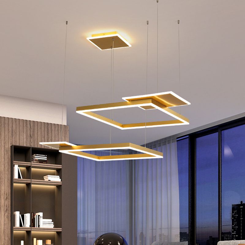Square Suspension Chandelier Pendant Light Modernist LED Metal Ceiling Lamp in Gold/Coffee, Warm/White Light