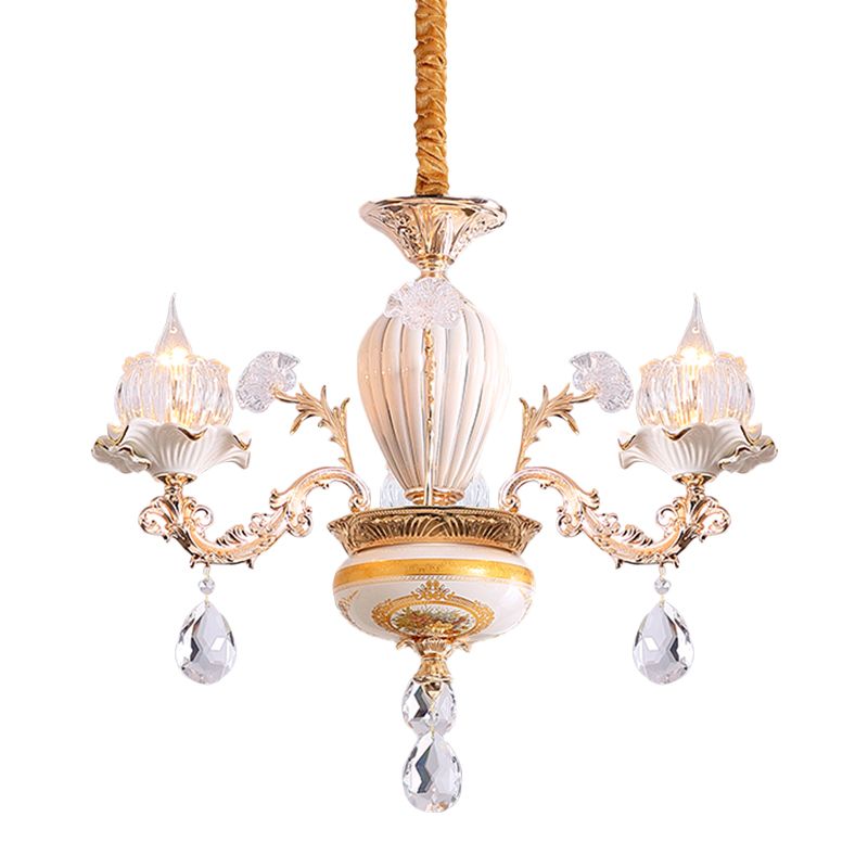 3 Bulbs Ceiling Chandelier Postmodern Flower Buds Crystal Hanging Light with Ceramic Accent, Gold