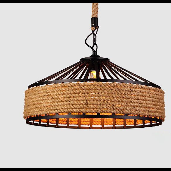 Vintage Black Mongolian Yurt Ceiling Light Hemp Rope1 Light Restaurant Hanging Pendant Lighting