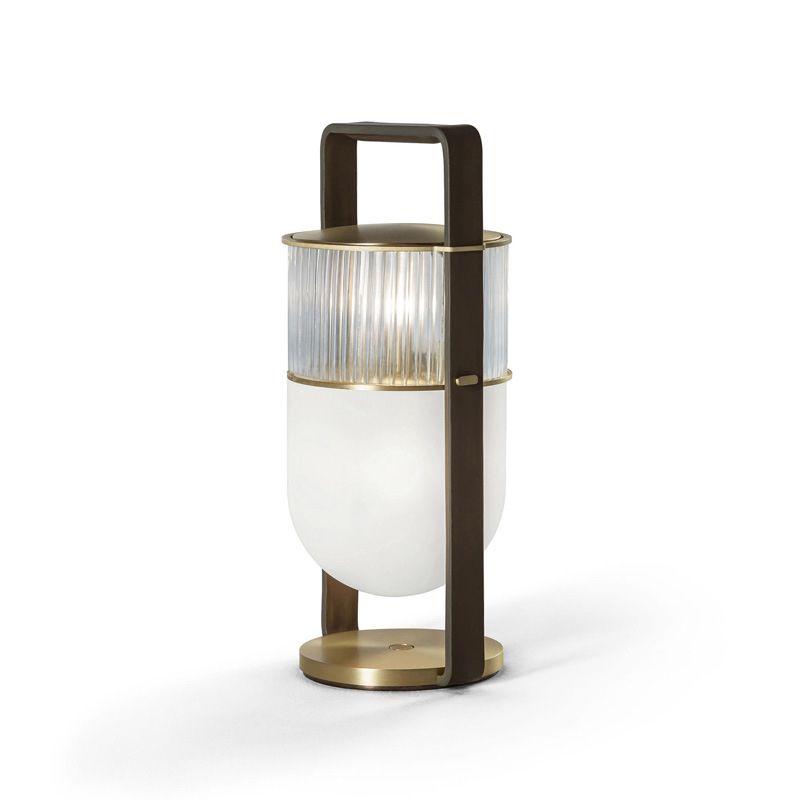 Lantern Handled Table Lamp Postmodern Frosted and Clear Ribbed Glass 1 Head Bedroom Nightstand Light in Black and Brass