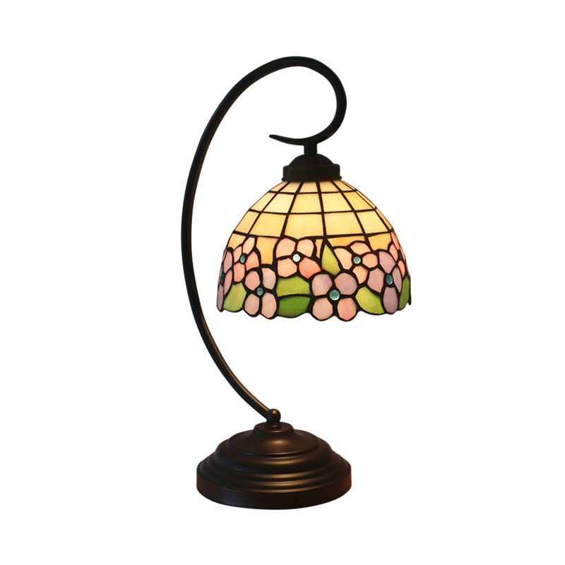 Pink/Orange 1-Head Desk Light Tiffany Hand Cut Glass Bowl Shape Night Table Lamp with Blossom Pattern for Bedroom