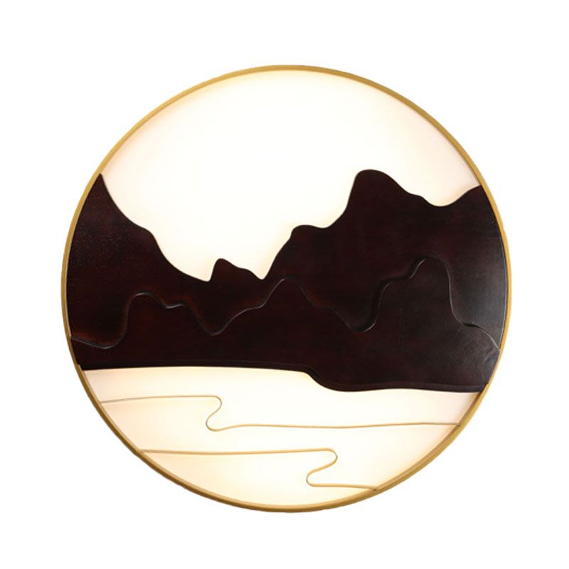 Mountain Silhouette Wall Mural Light Asian Wooden Black LED Sconce Lighting for Tearoom