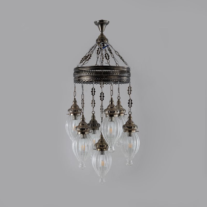 Black 7 Heads Chandelier Traditional Clear Prismatic Glass Teardrop Hanging Ceiling Light