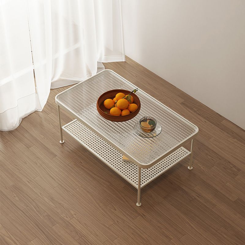 Glass Modern Rectangular Coffee Table with Shelf 4 Legs Cocktail Table
