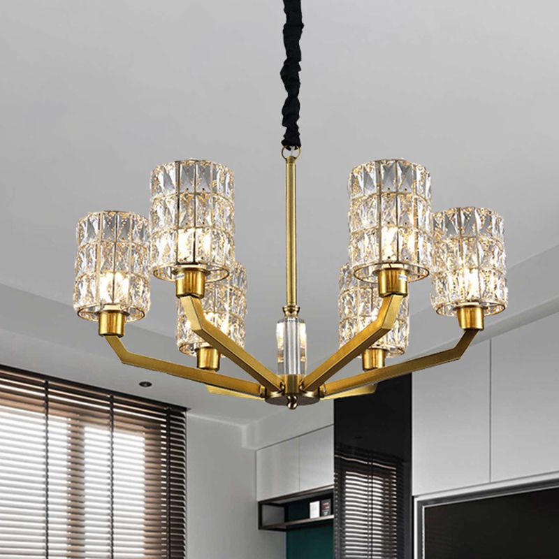 6 hoofden slaapkamer hanger kroonluchter modernisme goudhangende lamp met cilinder kristal schaduw