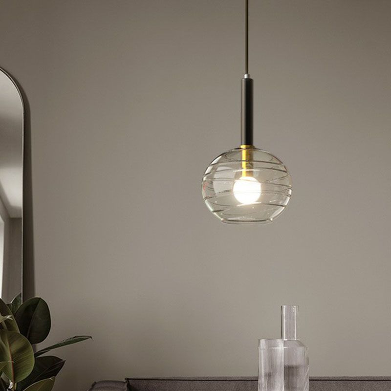Modern Spherical Hanging Lighting Transparent Textured Glass Single Dining Room Pendant in Black