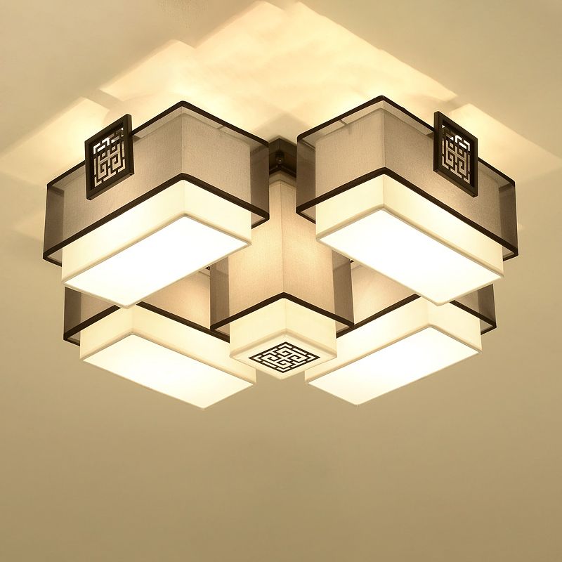 White Fabrics Flush Mount in Traditional Style Geometric Multi-Light Ceiling Light