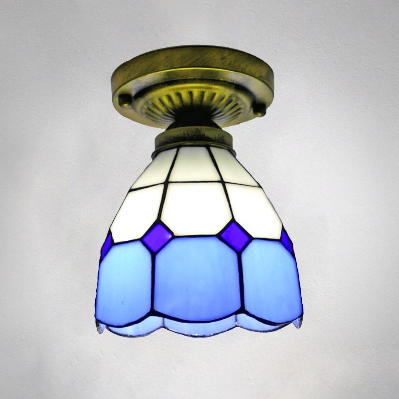 1 Head Flush Mount Light Classic Bell Shade Gridded Glass Semi Flush Ceiling Light