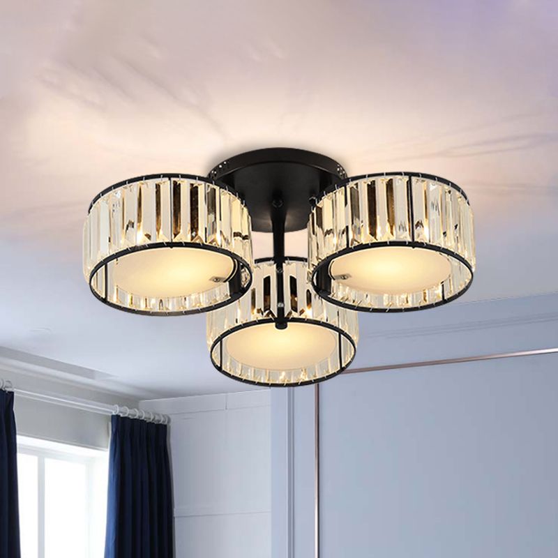 3/5/6 Lights Living Room Ceiling Light Fixture Modern Black Flush Mount with Drum Crystal Shade