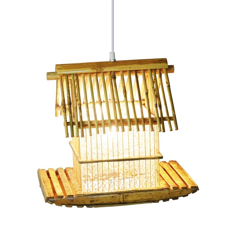 Asian 1 Head Hanging Light Beige Boat Pendant Lighting Fixture with Bamboo Shade