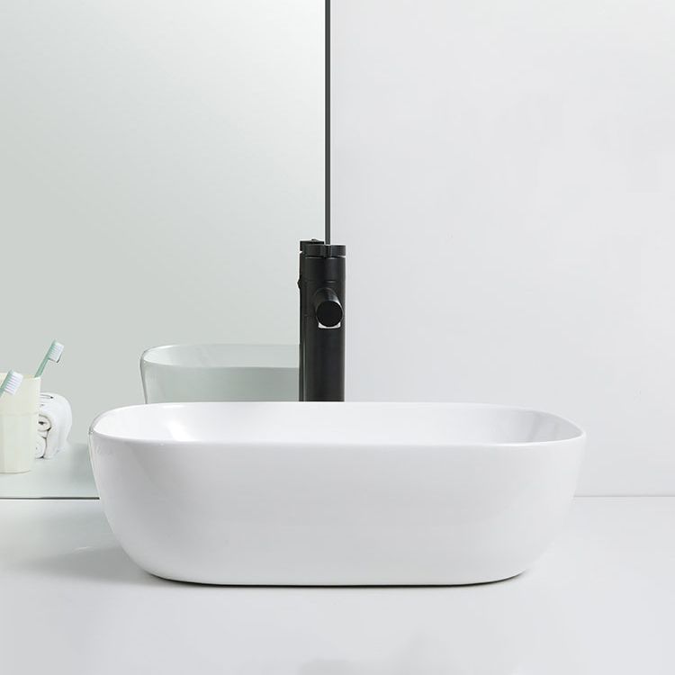 Contemporary Bathroom Sink Porcelain Solid Color Rectangular Vessel with Pop-Up Drain