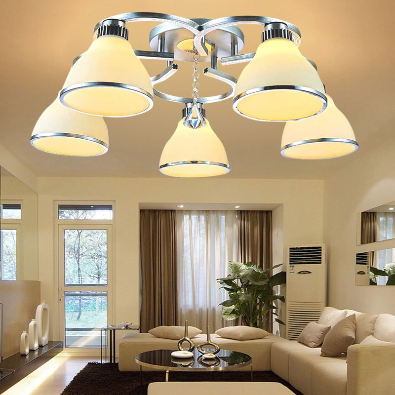 Cone Semi Flush Modern Crystal 5 Lights Living Room Semi Flush Ceiling Light in Chrome with Opal Glass Shade