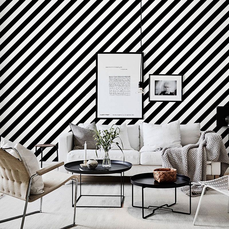33' x 20.5" Nordic Wallpaper Roll for Accent Wall with Diagonal Stripe in Black and White