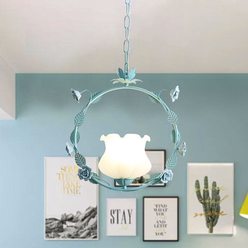 White Glass Round Ceiling Lamp Pastoral 1 Head Dining Room LED Suspension Pendant Light in Pink/Blue