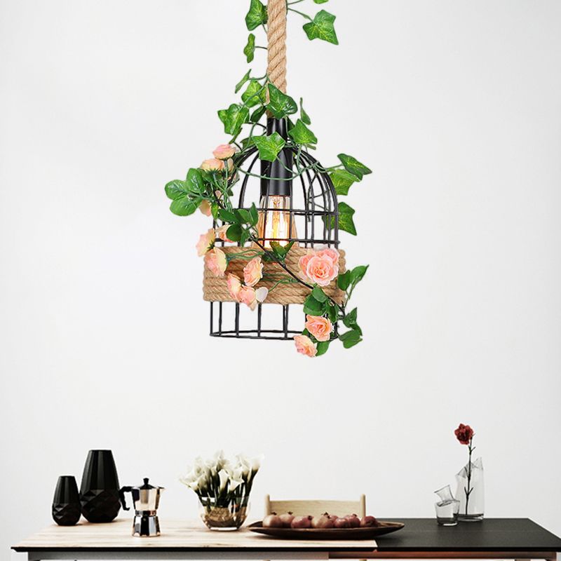 Birdcage sala da pranzo Apparecchiatura del soffitto in metallo anticato 1 illuminazione a sospensione rosa nera leggera con asta di corda
