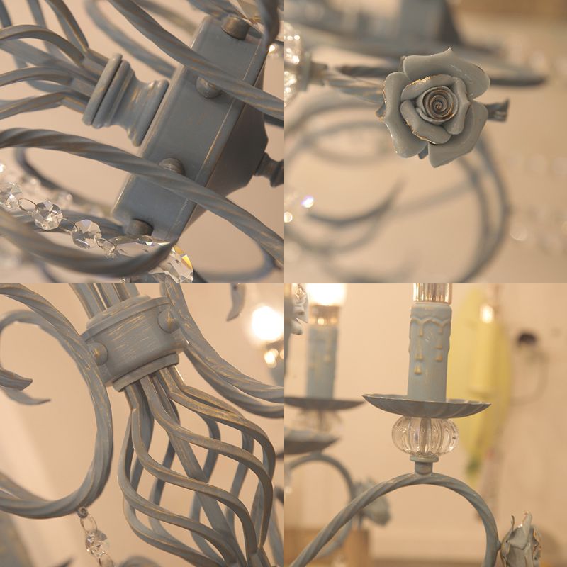 Blue Candelabra Hanging Ceiling Light Traditional Metal 12 Lights Living Room Chandelier Light with Crystal Drop