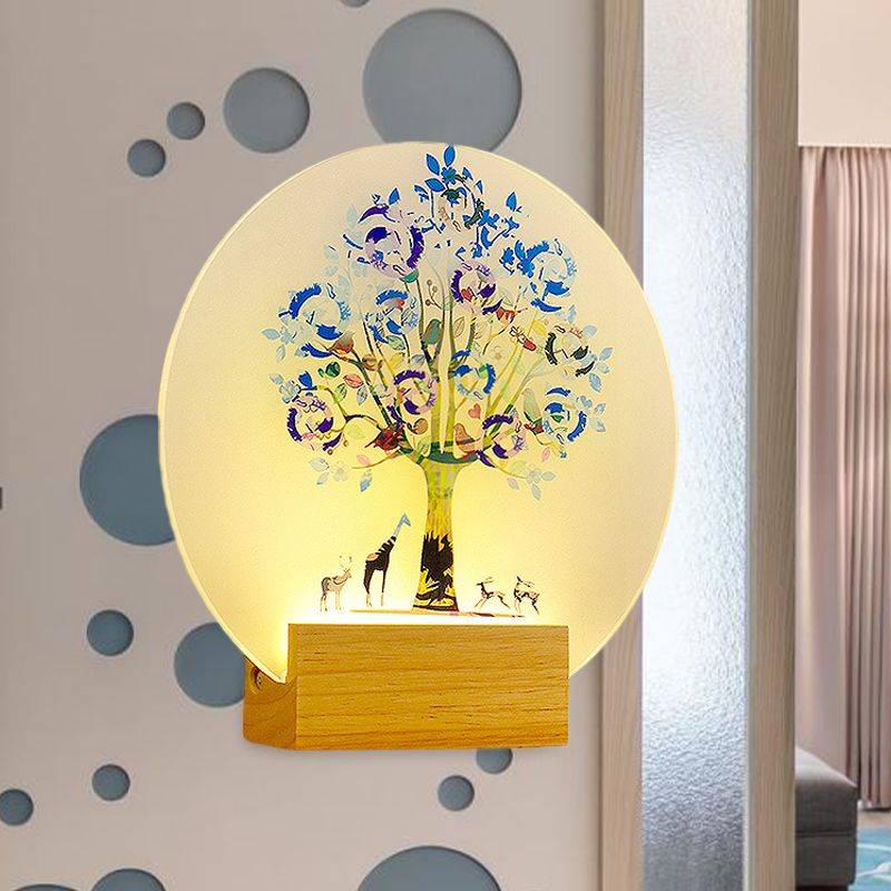 Nordic LED Wall Mural Lamp Acrylic Wood Circular Tree and Animal Wall Lighting Fixture