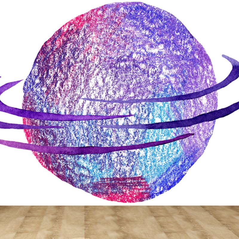 Watercolor Ringed Planet Mural Kids Style Smooth Wall Art in Dark Color for Bedroom