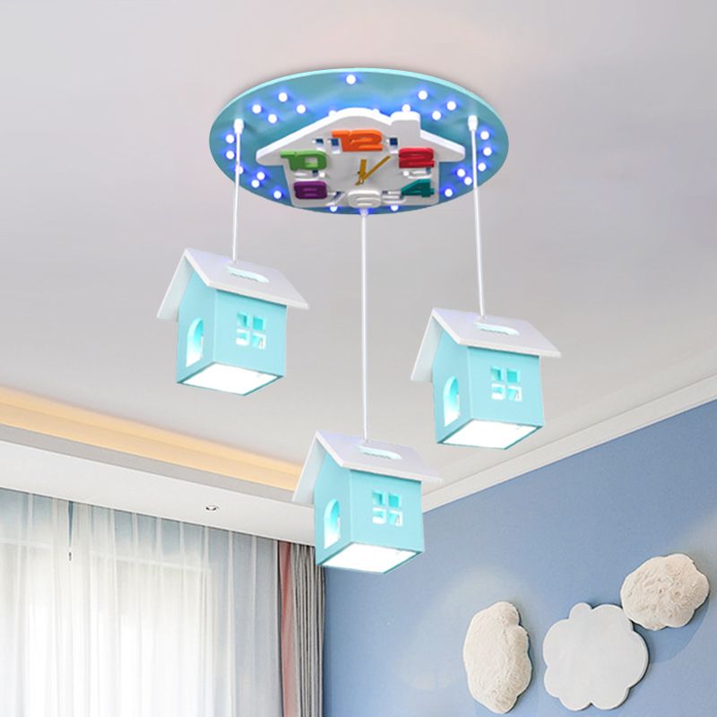 Wood Draping House Ceiling Light Cartoon 3 Bulbs LED Flush-Mount Light Fixture in Pink/Blue