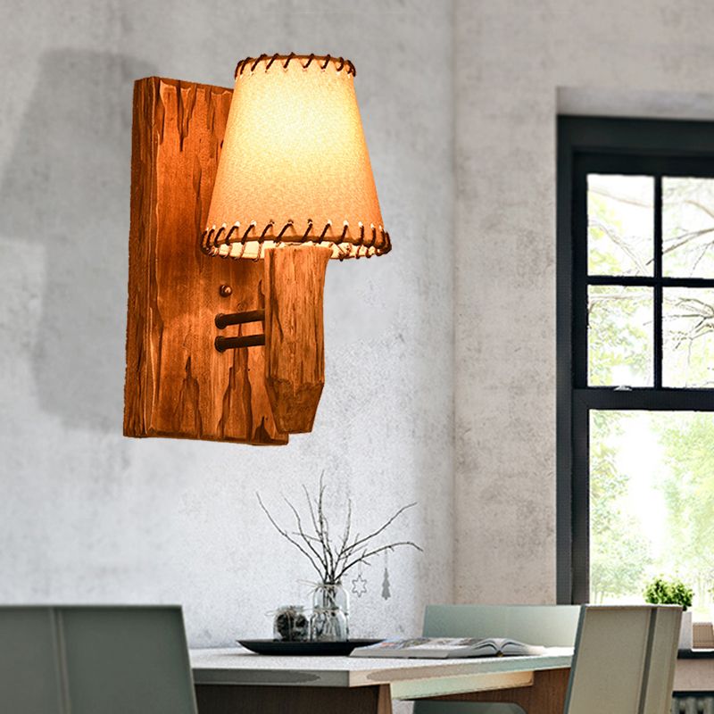1/2-Light Tapered Wall Lamp Industrial Wood Fabric Sconce Light Fixture for Dining Room