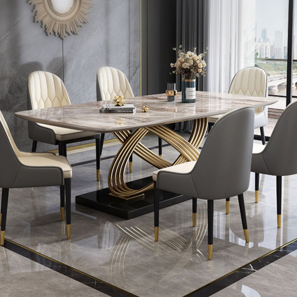 Rectangle Pedestal Dining Site Table Stone Dining Room Collection for Home