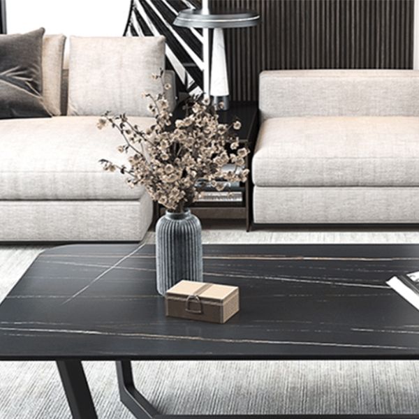 17.7" High Trestle Coffee Table Black Finish Slate Top Cocktail Table