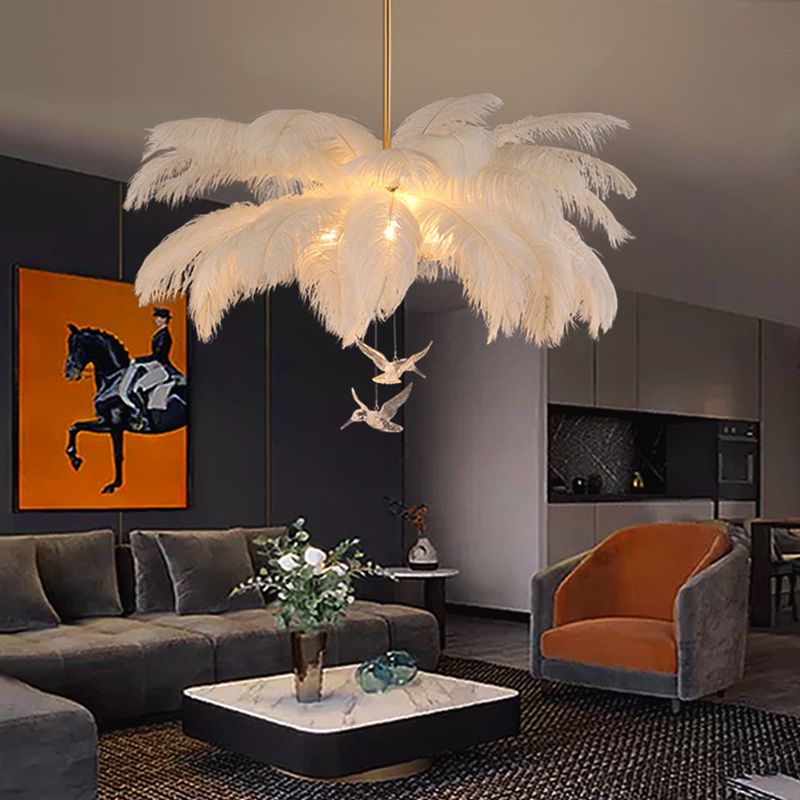 Ostrich Feather Ceiling Chandelier Modern Nordic Creative White Hanging Ceiling Light for Bedroom