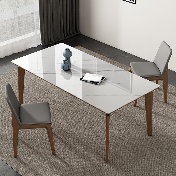 Mid-Century Modern Rectangle Dining Table White Sintered Stone Table with 4 Ash Solid Wood Legs