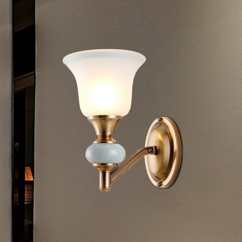 1/2-Head Wall Lighting Fixture with Bell Shade Frosted Glass Vintage Bedroom Wall Light in Brass