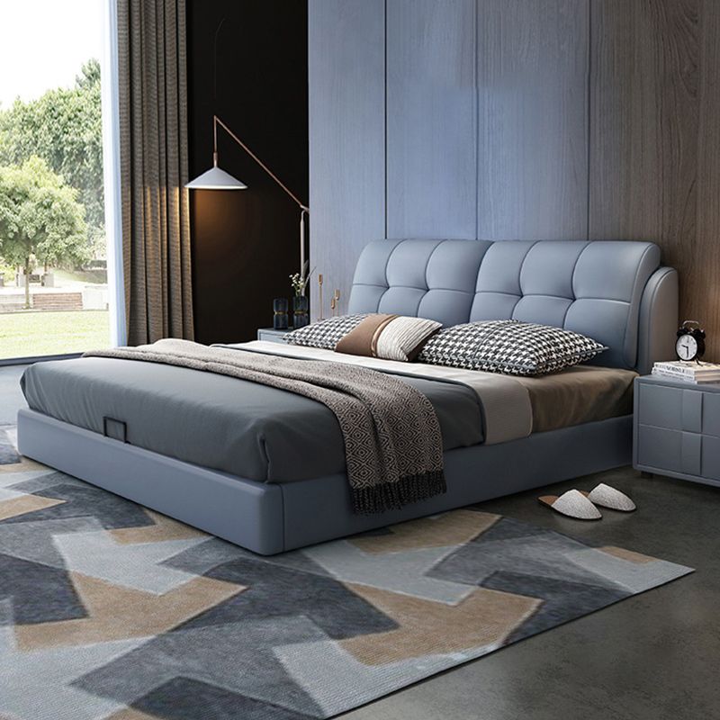 Contemporary Genuine Leather Upholstered Platform Bed Blue Bed Frame
