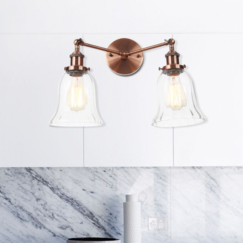 2 Lights Indoor Wall Lighting Industrial Style Black/Chrome/Bronze Sconce with Bell Clear Glass Shade