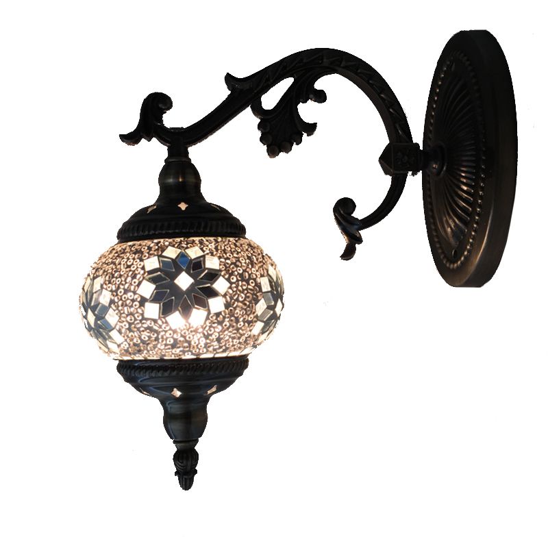 Antique Armed Sconce Metal 1 Bulb Wall Mounted Light Fixture with Global Tan/White Glass Shade for Stairway