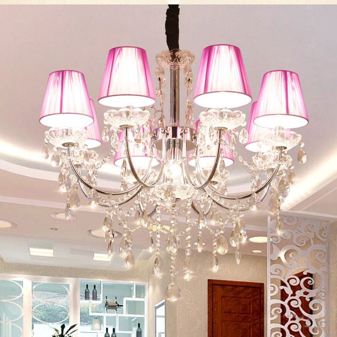 Kids Bedroom Lighting Crystal Chandelies  8 Light Fabric Shade Hanging Light in Nickel Finish