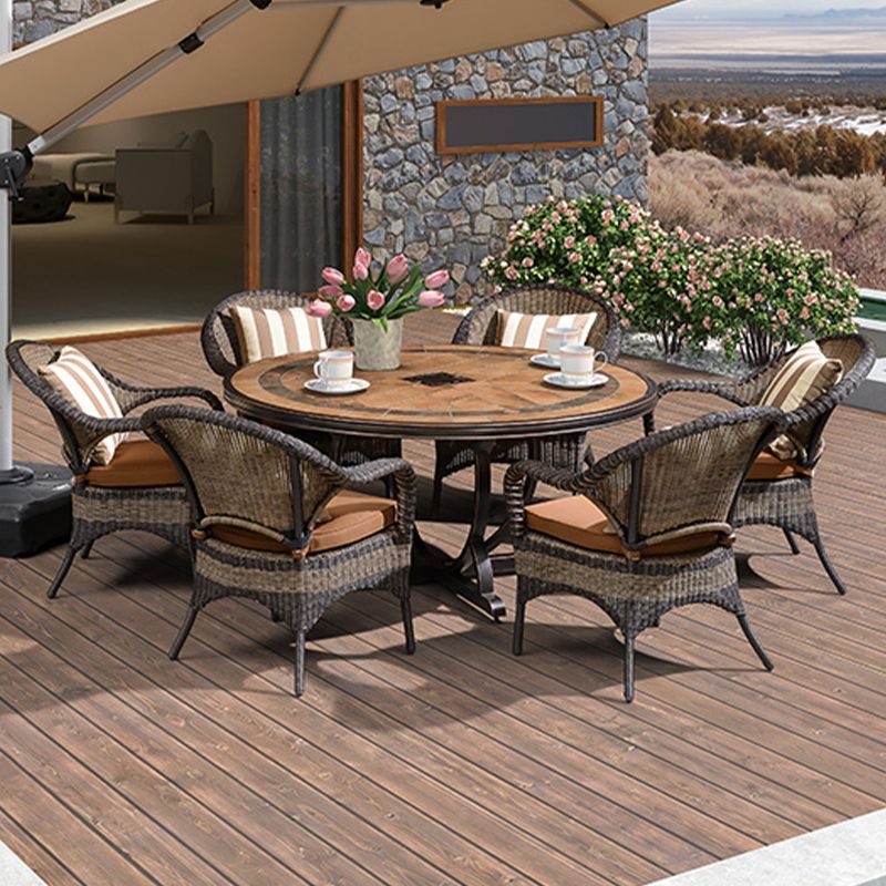 Stone/Ceramic Dining Table Outdoor Aluminum Base Patio Table in Brown